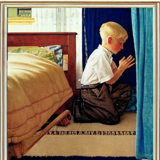 Image similar to painting of a blonde boy with blue eyes praying next to his bed that god will answer his prayers, crescent moon is visible outside his window, by Norman Rockwell,