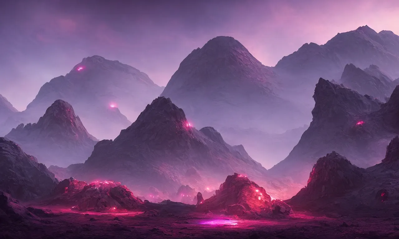 Prompt: mountainous, volcanic, alien planet covered in a purple haze, buildings in front, science-fiction, cinematic lighting, cinematic angle, Guillem H. Pongiluppi, Sviatoslav Gerasimchuk, Federico Pelat, dusk