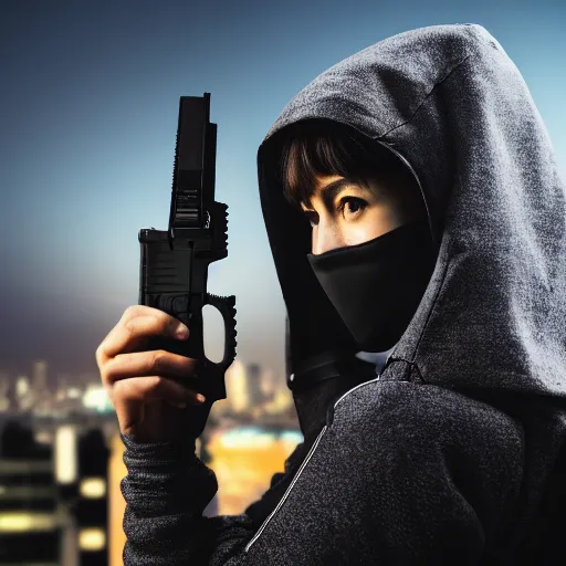 Image similar to photographic portrait of a techwear woman holding a Glock 18, closeup, on the rooftop of a futuristic city at night, sigma 85mm f/1.4, 4k, depth of field, high resolution, 4k, 8k, hd, full color