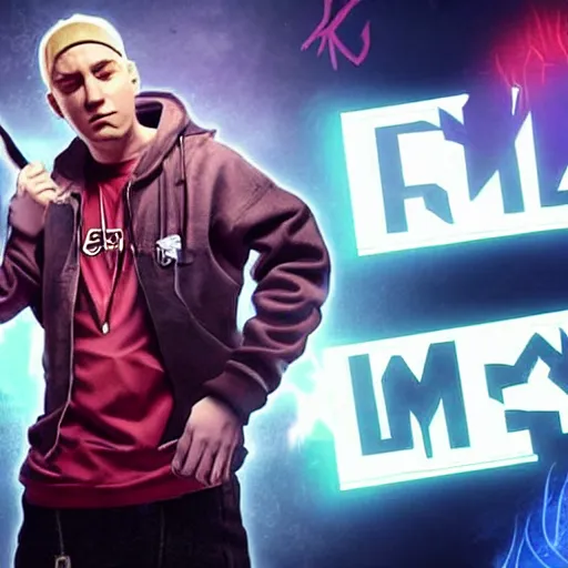 Image similar to rapper eminem as a character in the game league of legends, with a background based on the game league of legends, detailed face