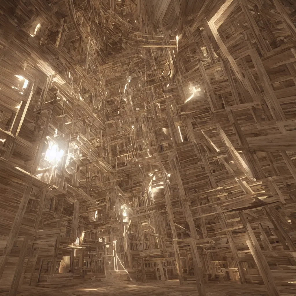 Image similar to a wooden and marble monumental stair tower of light climbing up, designed by japanese architect, highly detailed, 4 k, unreal engine, volumetric lightning, mist, golden goddess athena