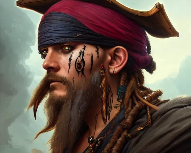 Image similar to close up of a pirate with scars and a face tattoo, deep focus, d & d, fantasy, intricate, elegant, highly detailed, digital painting, artstation, concept art, matte, sharp focus, illustration, hearthstone, art by artgerm and greg rutkowski and alphonse mucha