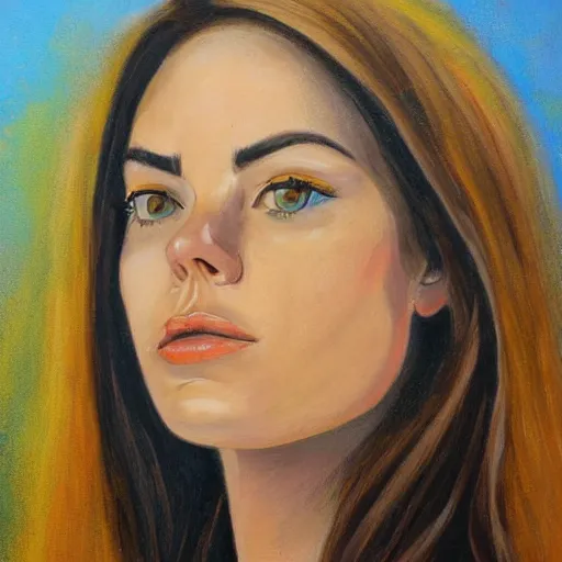 Prompt: Frontal portrait of three Emma Stones. Detailed painting
