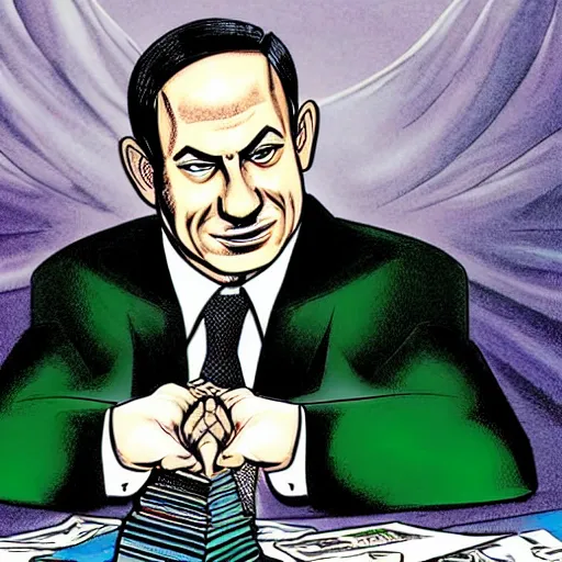 Image similar to A portrait of Benjamin Netanyahu as a green villain sitting in his office, money-themed, by Jim Lee, comic illustration, detailed