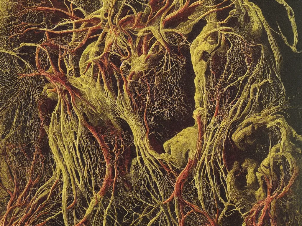 Prompt: Close up view of the heart of an old man. Painting by Beksinski, Walton Ford, Ernst Haeckel