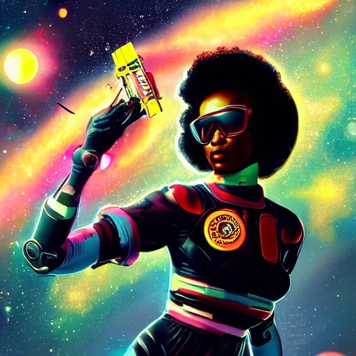 Prompt: beautiful black female cyberpunk astronaut in a 1 9 5 0's pinup art, cinematic composition, award winning art, octane render, exploding nebulae, outer space, artwork by norman rockwell