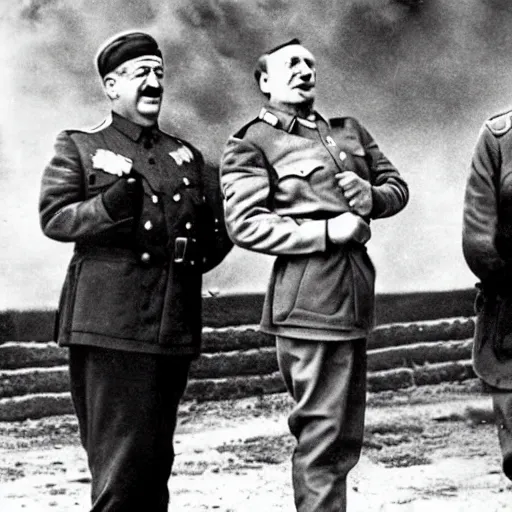 Prompt: viktor orban, hitler and stalin take part in a farting contest 1 9 4 4, nazi propaganda art, colored, highly detailed