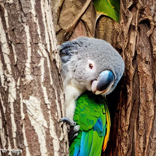 Image similar to award winning nature photograph of a parrot's beak on a koala in a tree. the koala is eating a eucalyptus leaf. focus on the beak. extreme detail, hyperrealistic photo, smooth, trending on artstation