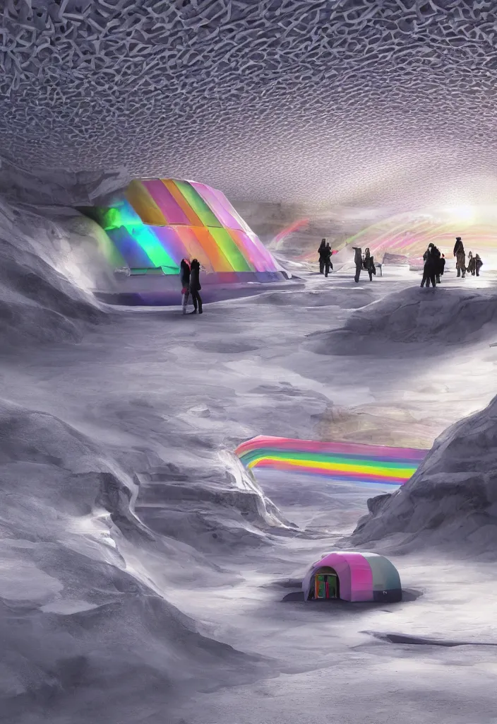 Prompt: Multiple connecting tunnels in antartica with a thin ice roof that reflect the sun in a beautiful rainbow, multiple native people dancing in the tunnels around campfires and igloos, facinating and imposing, fantasy digital art, octane render, beautiful composition, trending on artstation, award-winning photograph, masterpiece