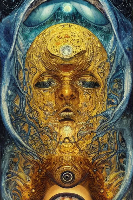 Image similar to The Interdimensional Eye by Karol Bak, Jean Deville, Gustav Klimt, and Vincent Van Gogh, mystic eye, otherworldly, catseye, alien eyes, vortex of monster eyes, fractal structures, arcane, inferno, inscribed runes, infernal relics, ornate gilded medieval icon, third eye, spirals