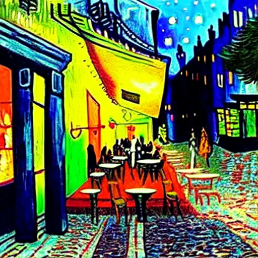 Image similar to Cyberpunk Cafe Terrace at night by Vincent Van Gogh in real life