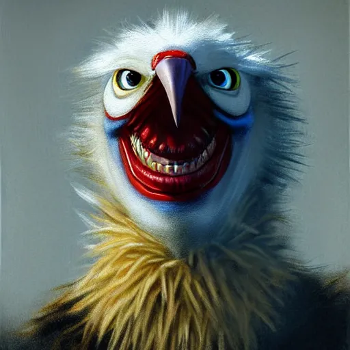 Prompt: Facial portrait. horrorversion version of Big Bird, looking at the camera, slight evil smile, lips wide parted, mouth wide open, sharp teeth visible. fear inspiring, intimidating, extremely detailed painting. by Greg Rutkowski and by Henry Justice Ford and by Steve Henderson.