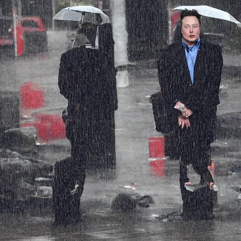 Image similar to a picture of elon musk sitting in the rain begging for money, depressing photograph, elon musk is sad,