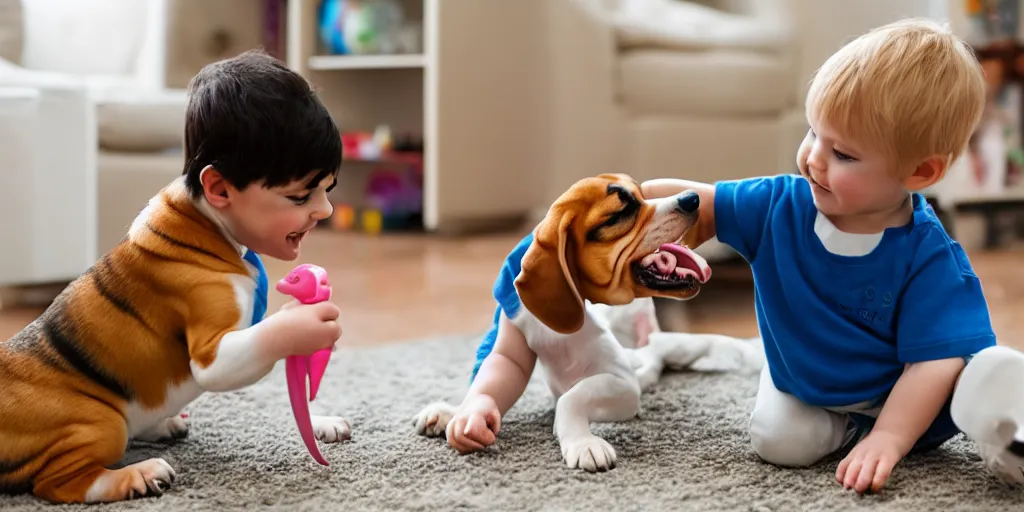 Prompt: toddler playing with pet beagle