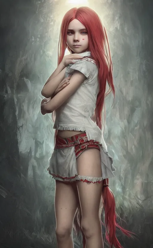 Prompt: full body shot of a young girl with blond twin tail hair and red eyes standing in front of a white wall, intricate details, eerie, highly detailed, photorealistic, octane render, 8 k, unreal engine, art by artgerm and greg rutkowski and alphonse mucha