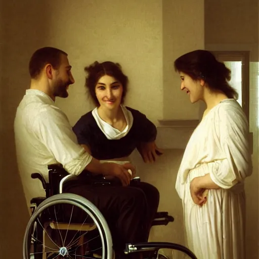 Image similar to a male patient in a wheelchair in the hospital with his wife and son standing by. happy, cheerful, smiling, intricate, face enhance, sharp focus, cinematic lighting, featured in artistation, 8 k, art by greg rutkowski, william adolphe bouguereau