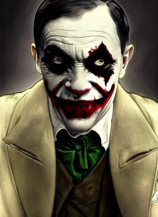 Prompt: a still of Hitler as the Joker in Joker 2020, hitler mustache, Gotham city, sigma male, accurately portrayed, portrait art by alphonse mucha and greg rutkowski, highly detailed, digital painting, concept art, illustration, dim lighting with twilight rays of sunlight, trending on artstation, very detailed, smooth, sharp focus, octane render, close up