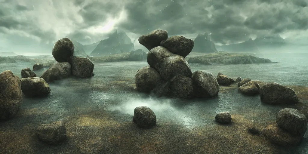 Image similar to Photorealistic epic landscape with magically floating rocks, with ominous storm clouds, strange levitating stones, a gentle rising mist. photorealism, UHD, amazing depth, glowing, golden ratio, 3D octane cycle unreal engine 5, volumetric lighting, cinematic lighting, cgstation artstation concept art