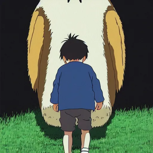 Image similar to still from studio ghibli movie My Neighbor Totoro, Hayao Miyazaki,barn owl in a black suit wearing an office bag going to the office, symetrical face,digital oil painting