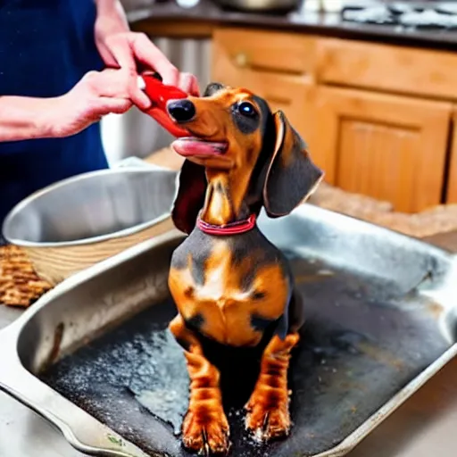 Prompt: dachshund cooking some sausages on a pan