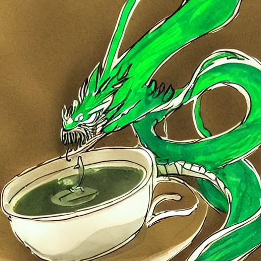 Prompt: a green dragon drinking a cup of tea