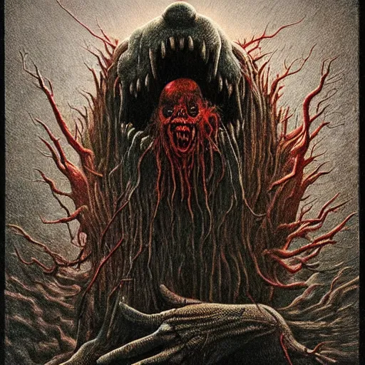 Prompt: elmo as a giant monster, creepy!!!, sharp teeth, gory, zdzisław beksinski, keith thompson, terrifying!!!