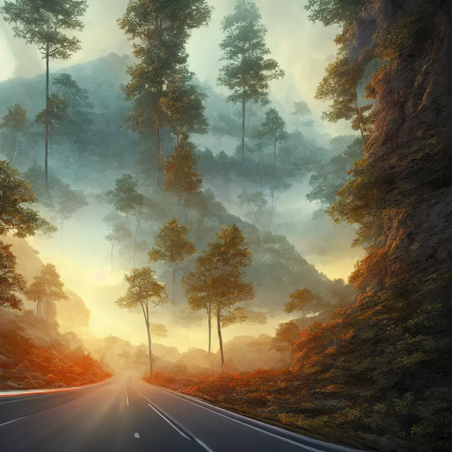 Image similar to surrealist abstract artwork of a highway road leading to the horizon through a thick forest down a rocky mountain coast towards the sunset. atmospheric landscape, soft tones, psychedelic, ultra realistic, concept art, modern art, photorealistic, octane render. art by nori inoguchi and sam kaplan and zachary goulko and christopher marley