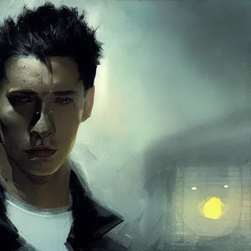 Image similar to Portrait of a man by Greg Rutkowski, he is about 30 years old, mixture between russian and japanese, short quiff black hair, attractive, strong, mangly, he is wearing a black flying jacket, highly detailed portrait, scifi, digital painting, artstation, concept art, smooth, sharp foccus ilustration, Artstation HQ