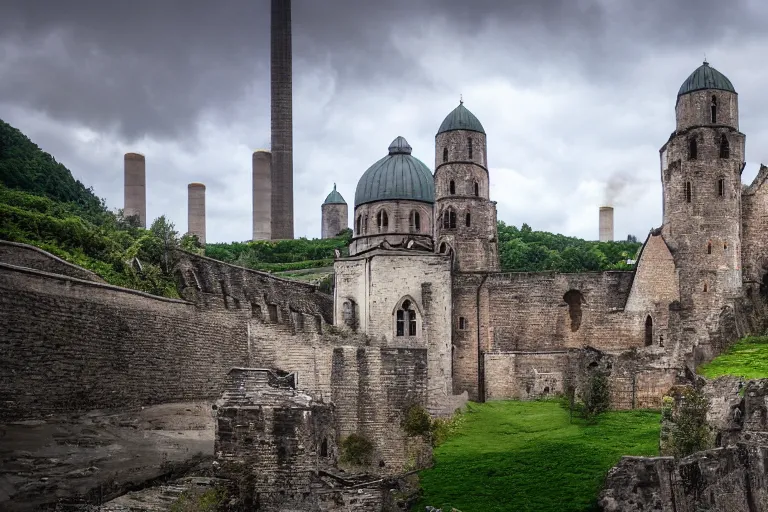 Prompt: cathedral, abbey, citadel, castle, village, outpost, fortress, hydroelectric dam, nuclear power plant, cement factory, granary, quarry, forest, river rapids, plaza, sanctuary, temple, monastery, mosque, shrine, chapel, church, workshop, industry, foundry, warehouse, digital art, artstationhq