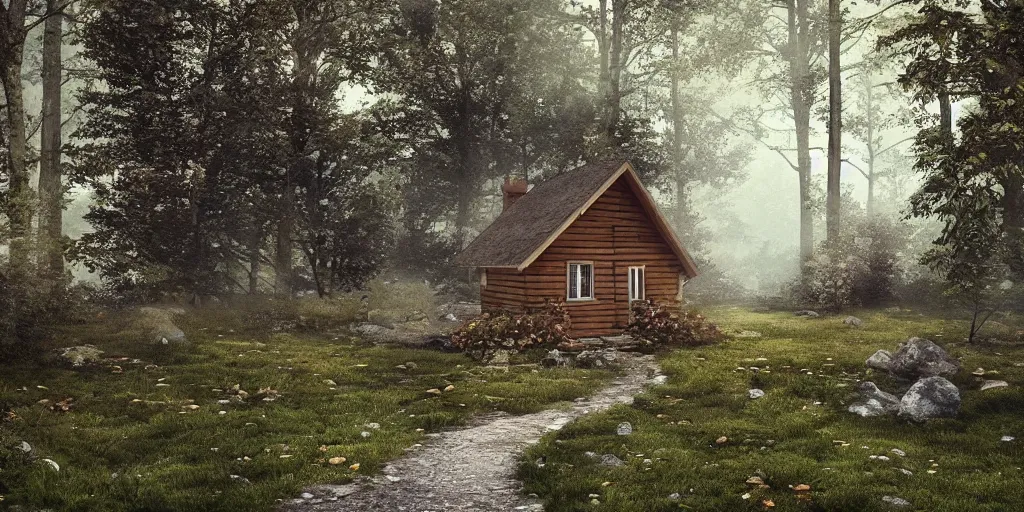 Image similar to a single cottage in the woods and empty woods, 8k, fantasy, hyper realistic, atmospheric