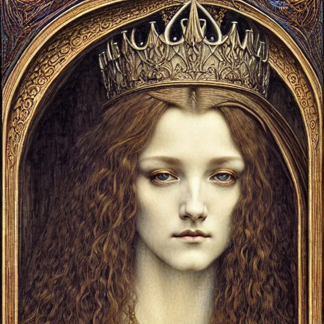 Image similar to detailed realistic beautiful young medieval queen face portrait by jean delville, gustave dore and marco mazzoni, art nouveau, symbolist, visionary, gothic, pre - raphaelite. horizontal symmetry