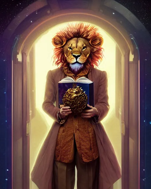 Image similar to anthropomorphic art of a timelord lion inside tardis, victorian inspired clothing by artgerm, victo ngai, ryohei hase, artstation. fractal papersand books. highly detailed digital painting, smooth, global illumination, fantasy art by greg rutkowsky, karl spitzweg, doctor who