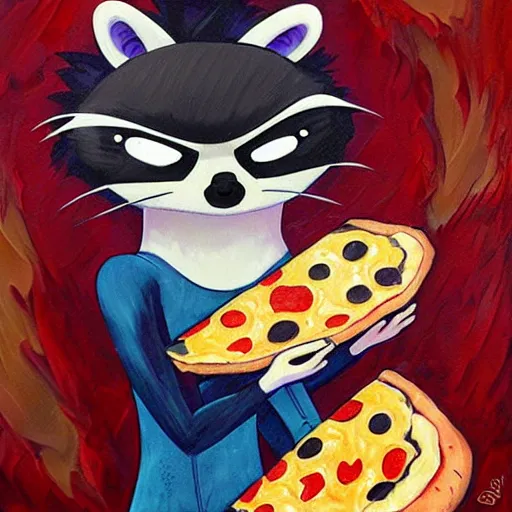 Image similar to a jeremiah ketner and studio ghibli acrylic impasto! painting! of a crying, sad and adorable and cute raccoon eating pizza