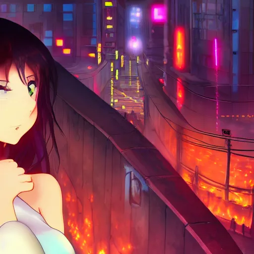 Prompt: Beautiful brunette anime girl with a gorgeous eyes gazing into the camera as the neon city behind her is on fire, award winning anime cartoon still, extremely detailed, extremely artistic, trending on art station