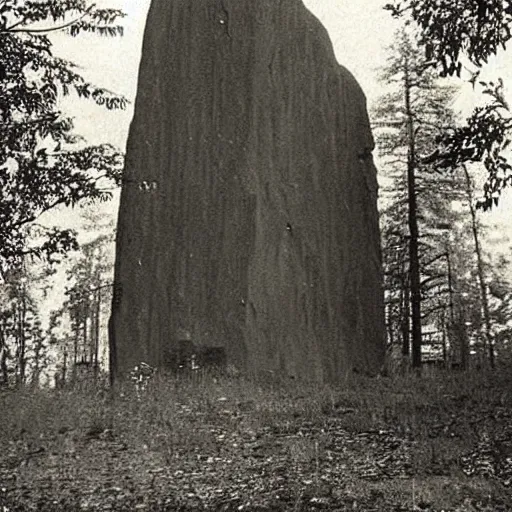 Image similar to old photograph of a giant monolith in a haunted forest