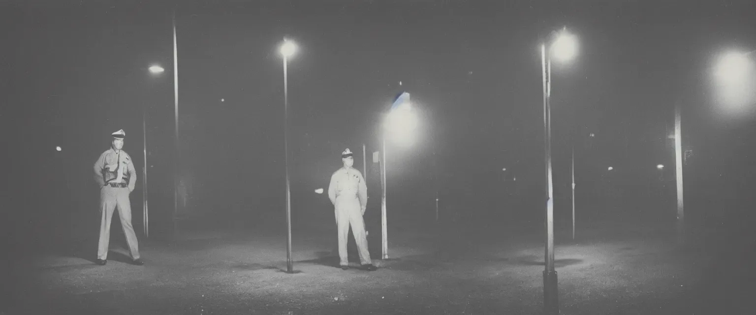 Prompt: weegee style telephoto photograph highly detailed of a a uniformed policeman circa 1 9 5 0 standing over a white body bag at night lit by street lamps and headlights.