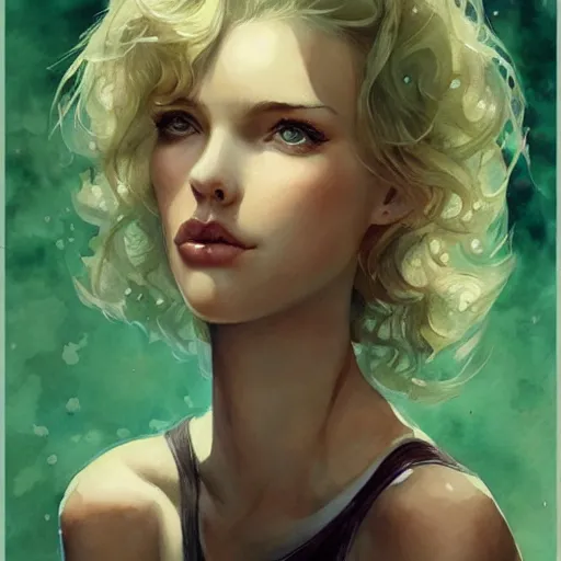 Prompt: short curly blonde haired girl, green eyes, artstation, watercolor, highly detailed, portrait, by Charlie bowater