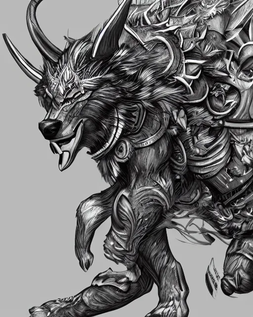 Prompt: A minotaur wolf, full body, highly detailed, close-up, fantasy art, monster art, in the style of masami kurumada, illustration, epic, fantasy, intricate, hyper detailed, artstation, concept art, smooth, sharp focus, ray tracing
