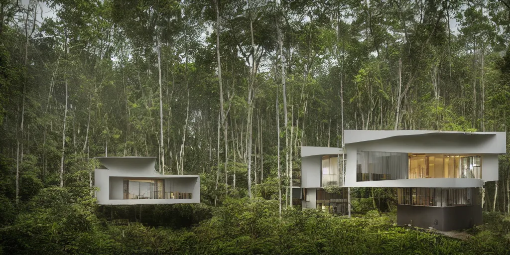 Image similar to Architectural photography of beautiful nature meets architecture concept of a residential house by Bjarke Ingels Group, in a tropical forest, volumetric lighting,, luxury, high detail, 14mm, cinematic photography, archdaily, hgh resolution