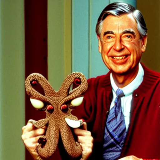 Prompt: mr. rogers proudly displaying a horrific mutated octopus demon that he holds in his hand. 4 k color horror photo.