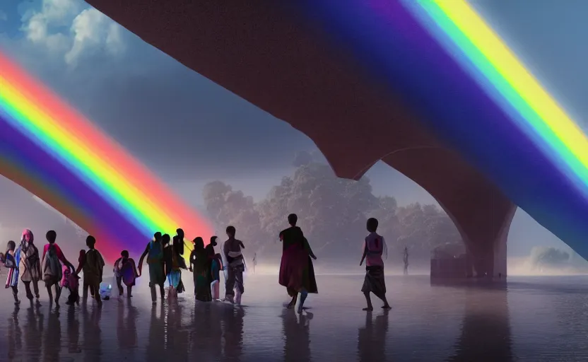 Prompt: incredible, refugees crossing a mindblowingly beautiful bridge made of rainbow, energy pulsing, hardlight, matte painting, artstation, solarpunk, cgsociety, dramatic lighting, concept art, octane render, arnold 3 d render