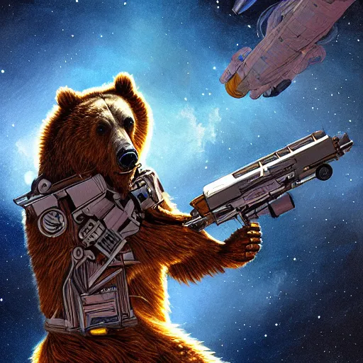 Image similar to detailed science - fiction character portrait of a grizzly bear shooting a machine gun in space, intricate, wild, highly detailed, digital painting, artstation, concept art, smooth, sharp focus, illustration, art by artgerm and greg rutkowski and alphonse mucha