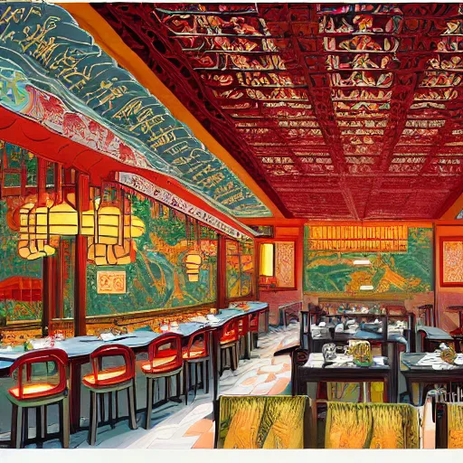 Prompt: a beautiful hyperdetailed interior 4 k hd wallpaper illustration of roasted string hotpot restaurant restaurant yan'an, wall painting, from china, with merchant logo, fine delicate structure, surrealistic, chinese style, victo ngai