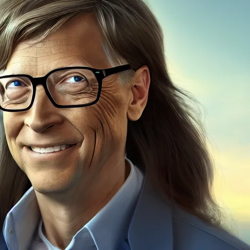 Prompt: bill gates with long hair and a ponytail, 3 d renderhighly detailed, ray tracing, artstation, concept art, smooth, sharp focus, illustration, art by artgerm and greg rutkowski and alphonse mucha, 8 k