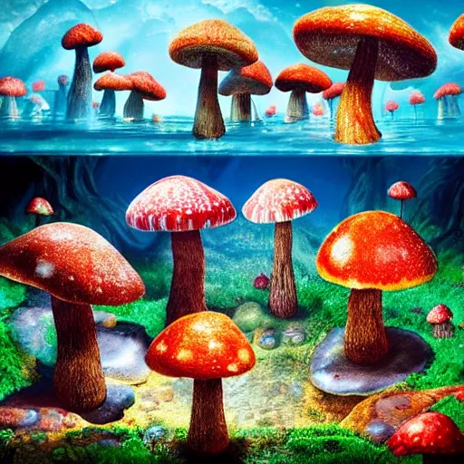 Prompt: Mushroomtopia; by Sea Juan; Art Direction by James Cameron; epic dream state; grand; sever landscape;