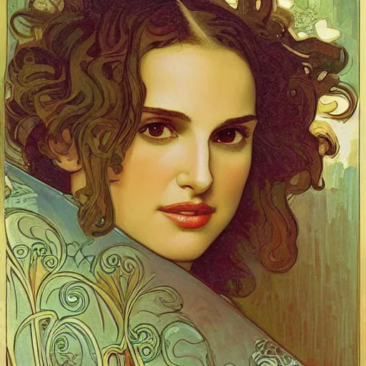 Image similar to a closeup portrait of a young natalie portman, art nouveau, jugendstil, decorative background, spirals, painted by alphonse mucha