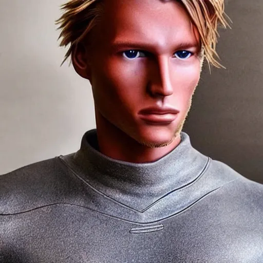 Image similar to a realistic detailed photo of a guy who is an attractive humanoid who is half robot and half humanoid, who is a male android, soccer player frenkie de jong, shiny skin, posing like a statue, blank stare, in a living room, on display, showing off his muscles, with a twin