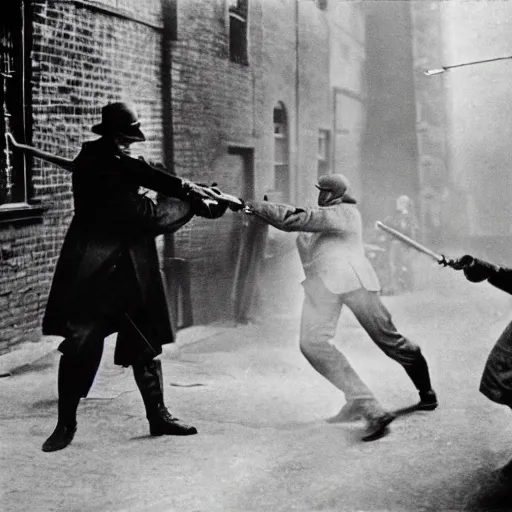 Image similar to old black and white photo, 1 9 2 5, depicting batman fighting a gangster in an alley of new york city, tommy gun, rule of thirds, historical record