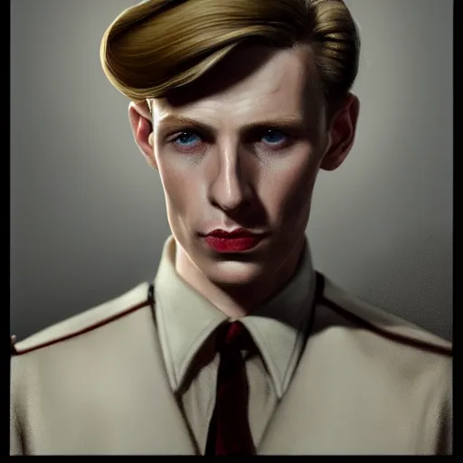 Image similar to A Hearts of Iron IV portrait of a blond young English male actor with high cheekbones. Good bone structure. Dressed in 1940s style. Highly detailed, fine Art, high detail, great lighting, 8k resolution, masterpiece, concept art, illustration, clear eyes, painting oil on canvas, octane render, HDR, trending on artstation, 4k, 8k, HD