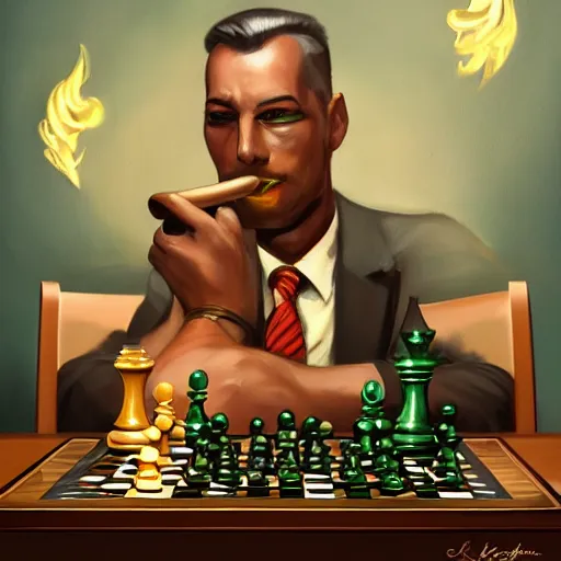 Prompt: oil painting art deco dragon shiny scales golden highlights smoking a cigar sitting at a chess table strategy wearing a handsome suit, trending on artstation, deviantary, furaffinity
